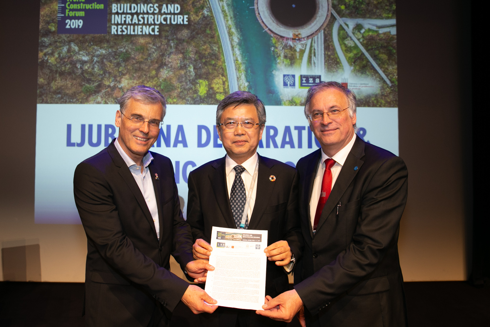 Mag. Črtomir Remec, president of the Slovenian Chamber of Engineers, WFEO President-Elect Prof. Gong Ke and Prof. Matjaž Mikoš, Dean of the Faculty of Civil and Geodetic Engineering of University of Ljubljana, showing the 2019 Ljubljana declaration Mag. Črtomir Remec, president of the Slovenian Chamber of Engineers, WFEO President-Elect Prof. Gong Ke and Prof. Matjaž Mikoš, Dean of the Faculty of Civil and Geodetic Engineering of University of Ljubljana, showing the 2019 Ljubljana declaration