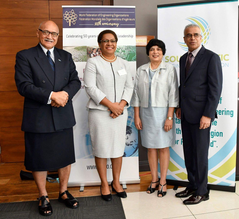 SPEA Symposium: L to R: President of Fiji Mag Gen. Jioji Konrote, Fiji Minister for Women Children and Poverty Alleviation and Acting Minister for Infrastructure, Mereseini Vuniwaqa, Dr Marlene Kanga WFEO President and Mr. Pratarp Singh, SPEA President SPEA Symposium: L to R: President of Fiji Mag Gen. Jioji Konrote, Fiji Minister for Women Children and Poverty Alleviation and Acting Minister for Infrastructure, Mereseini Vuniwaqa, Dr Marlene Kanga WFEO President and Mr. Pratarp Singh, SPEA President